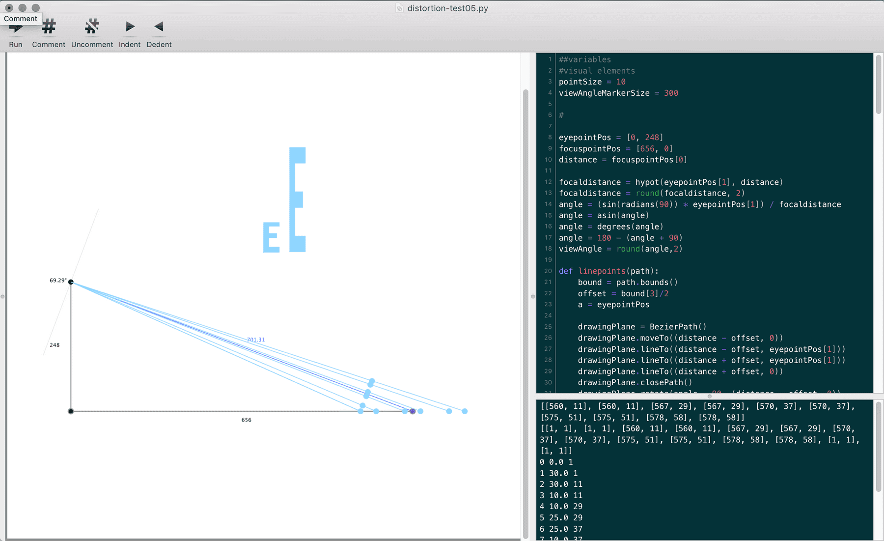 Screen shot of Drawbot's code from the script to calculate perspective distortion